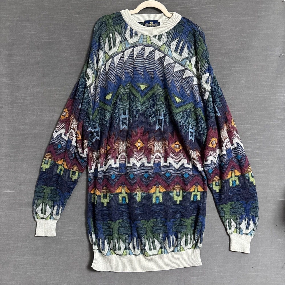Vintage Fiume Sweater IT 52 Blue Red Geometric Italy Grandpa Cosby 90s‎ 2XL